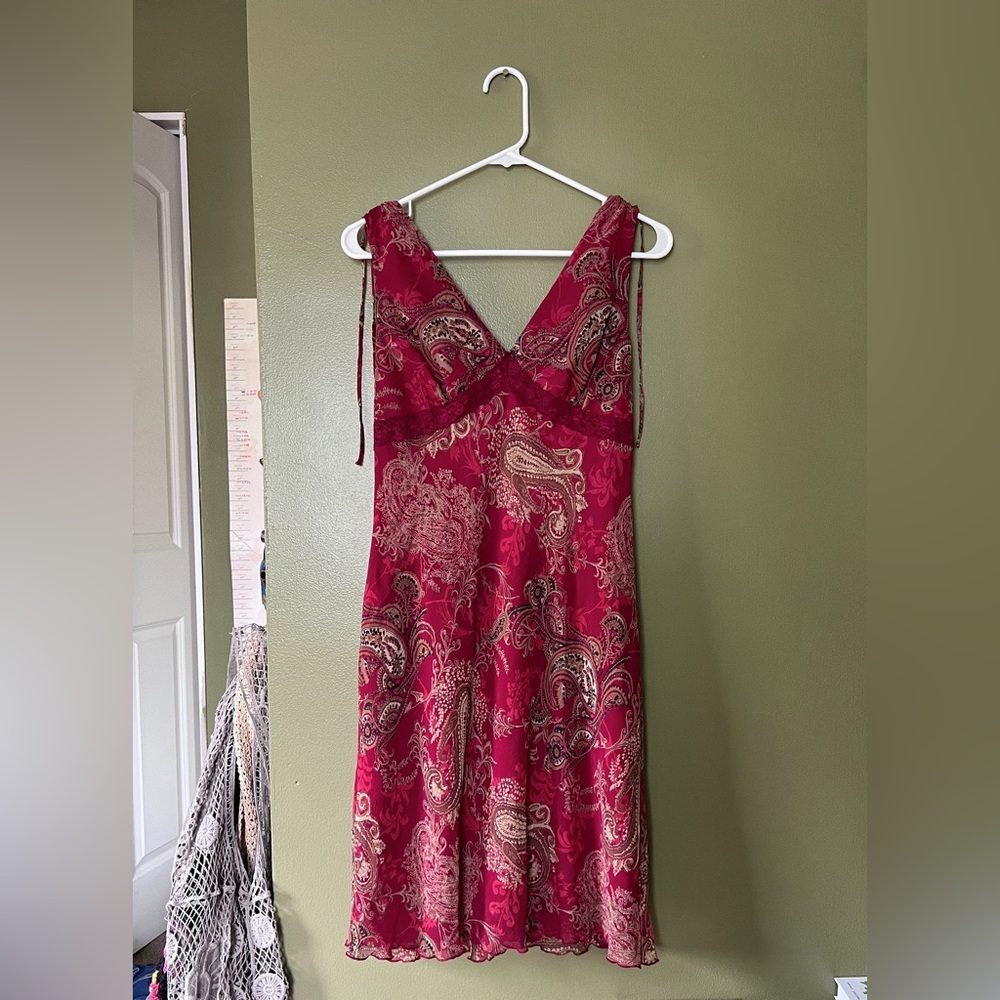 Vintage Romantic Red Paisley Chiffon Midi Dress